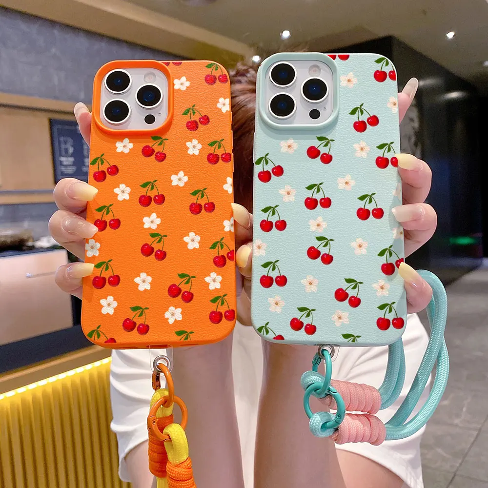 Bumper Phone Case For iPhone 17 16 14 15 11 12 13 Pro Max X XR XS16 15 14 Plus 17 Air With Lanyard Matte Korean Red Cherry Cover view 4