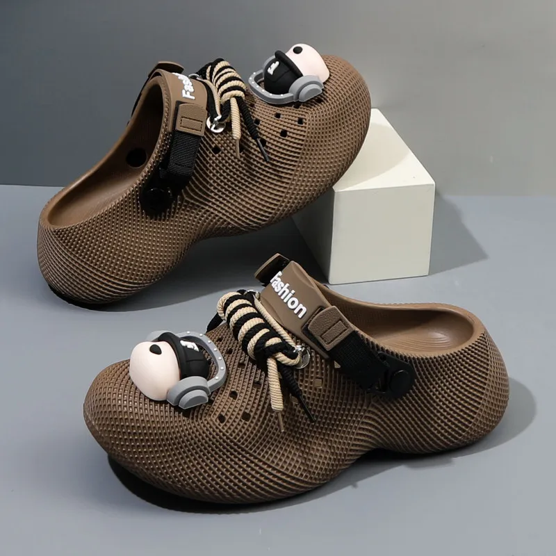 3dPrinted perforated shoes for men, summer outdoor wear, thick-soled beach shoes, waterproof and breathable