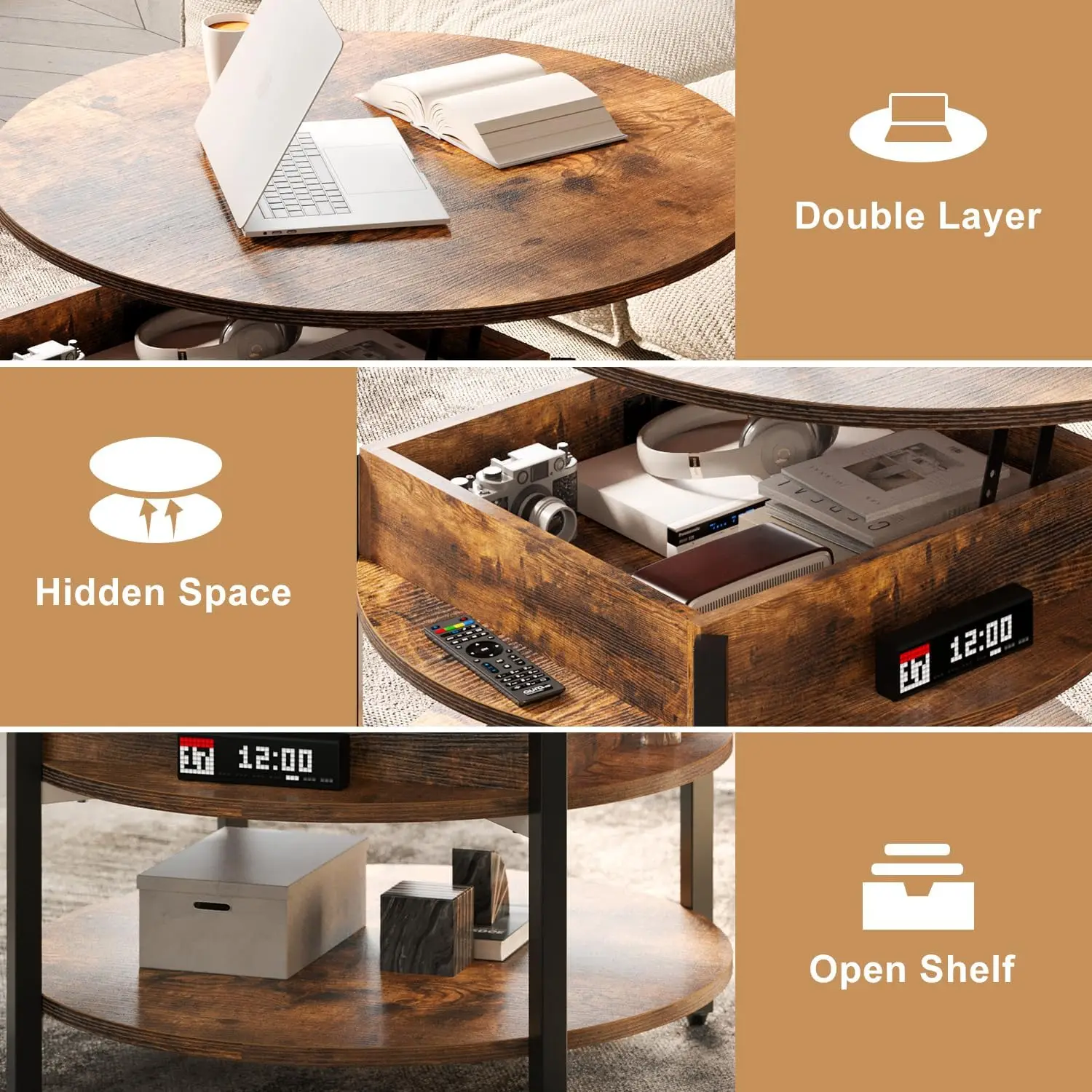 Round Lift Top Coffee Table with Storage and Hidden Compartment, 26.77\'\' Farmhouse Coffee Table, Rustic Brown