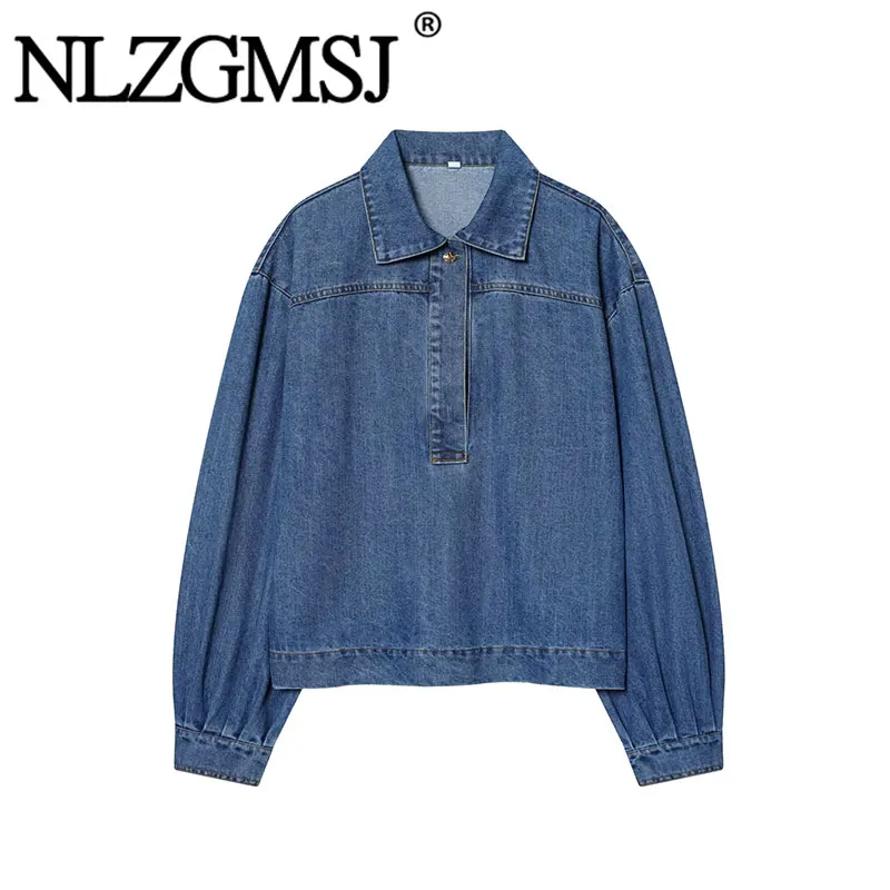 

NLZGMSJ 2026 Spring Denim Top Woman Long Sleeves Loose Button Tops For Women Solid Color Ruched Casual Tops