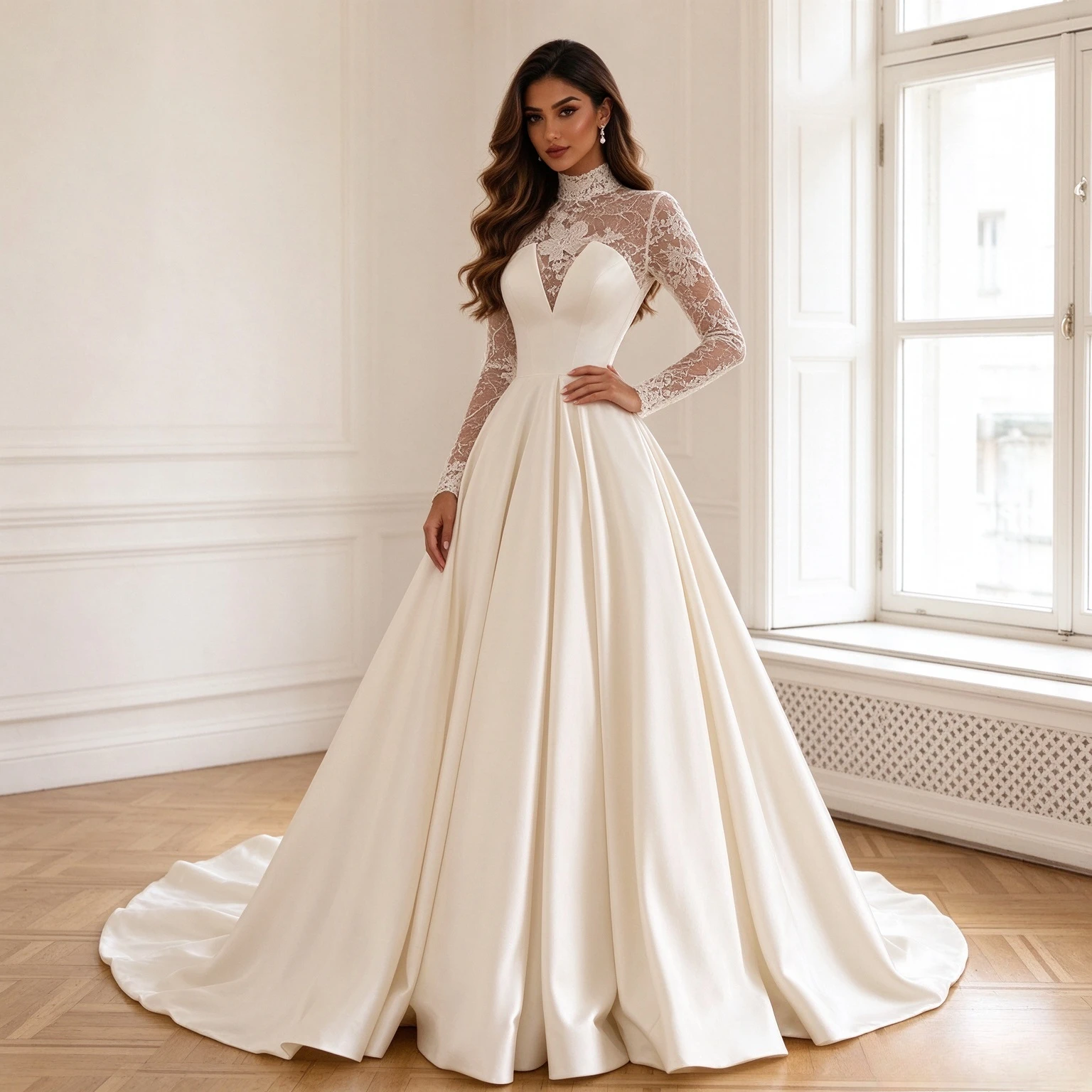 Customized Classic 2026 Satin Bridal Gowns with Sweep Train Lace High Neck Long Sleeves Wedding Dress for Destination Wedding