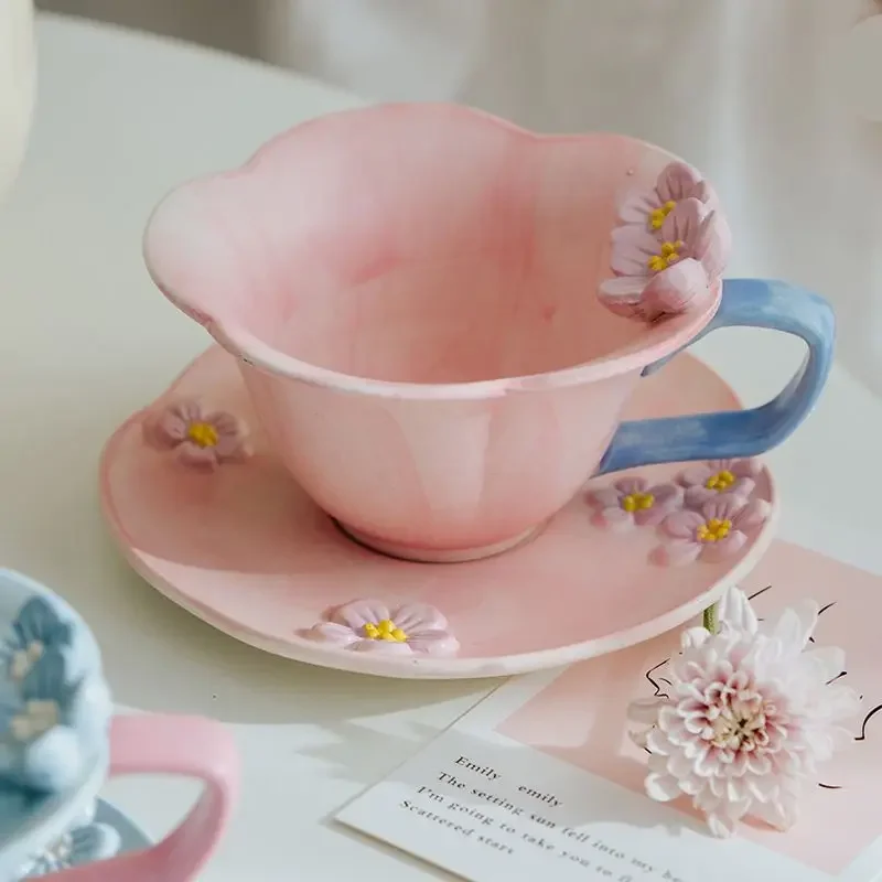 

Cute cup and saucer set ceramic coffee breakfast milk girl high value summer pink