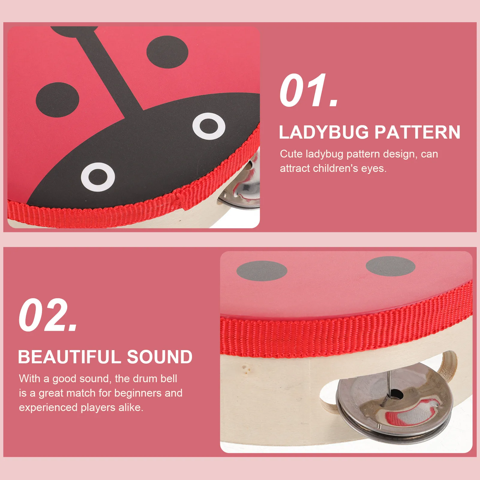 Wood Metal Drum Bell Educational Percussion Musical Instrument Ladybug Pattern Rhythm Training Music Gift