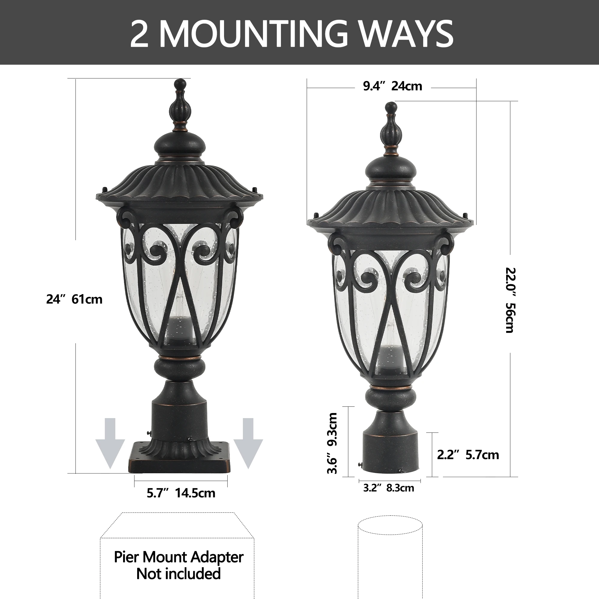 Vintage Black Outdoor Post Lantern - Waterproof Aluminum Lamp Post Light with Bubble Glass, Decorative Garden Pathway Lighting