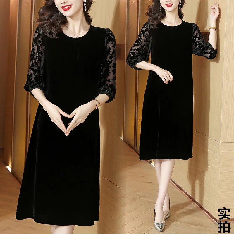 2023 Spring and Autumn Silk Velvet Dress Women\'s Celebrity Loose Large Size Hollow out Velvet Black Slim Knee Long Dress Robe