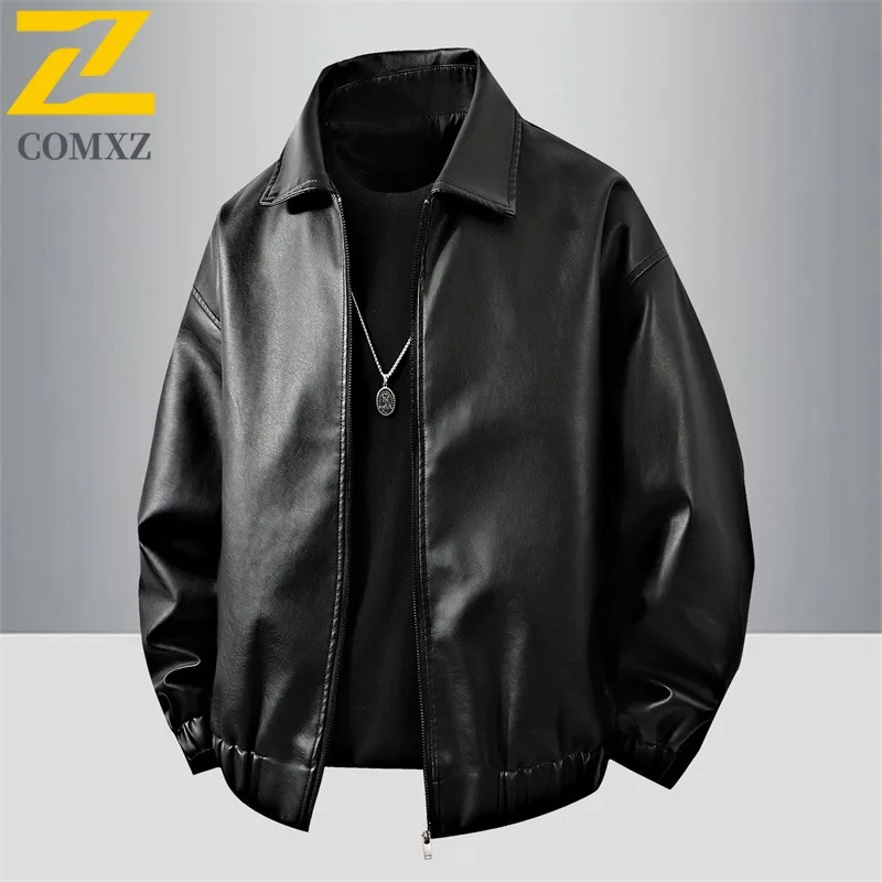 

COMXZ Мужская кожаная куртка с воротником-стойкой, легкая мотоциклетная куртка для езды на велосипеде, однотонная американская ветрозащитная осенняя куртка