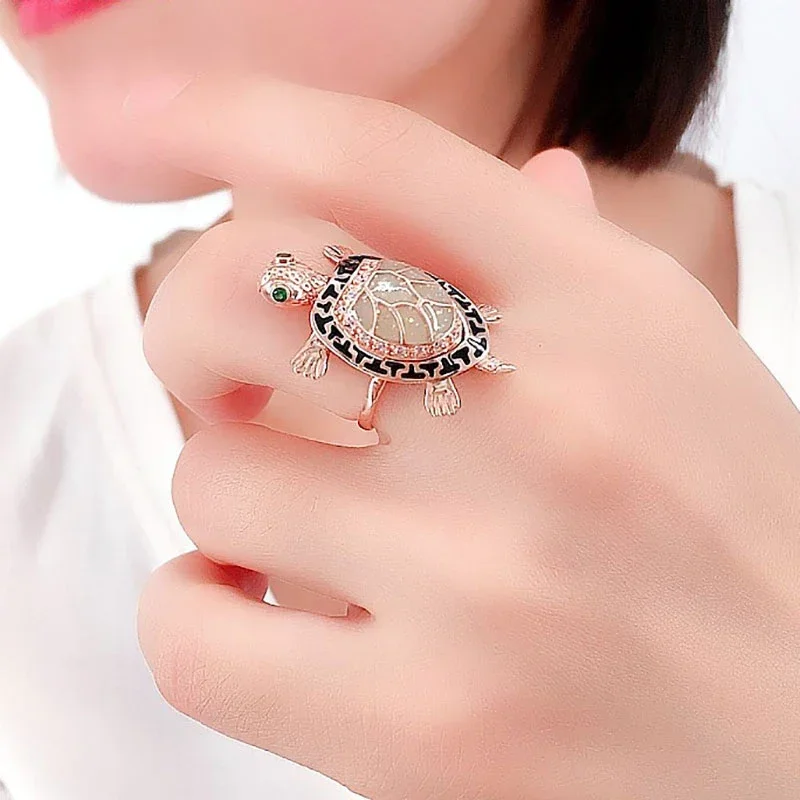 Creative Fashion New in Exquisite Turtle Rings for Women Charming Party Copper Plated Rose Gold Jewelry Opening