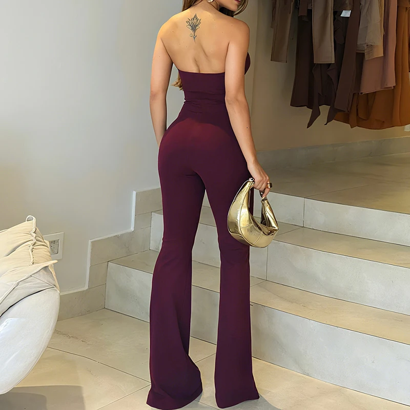 Tuta sexy da donna a vita alta con tuta slim fit micro svasata elegante tinta unita scavata