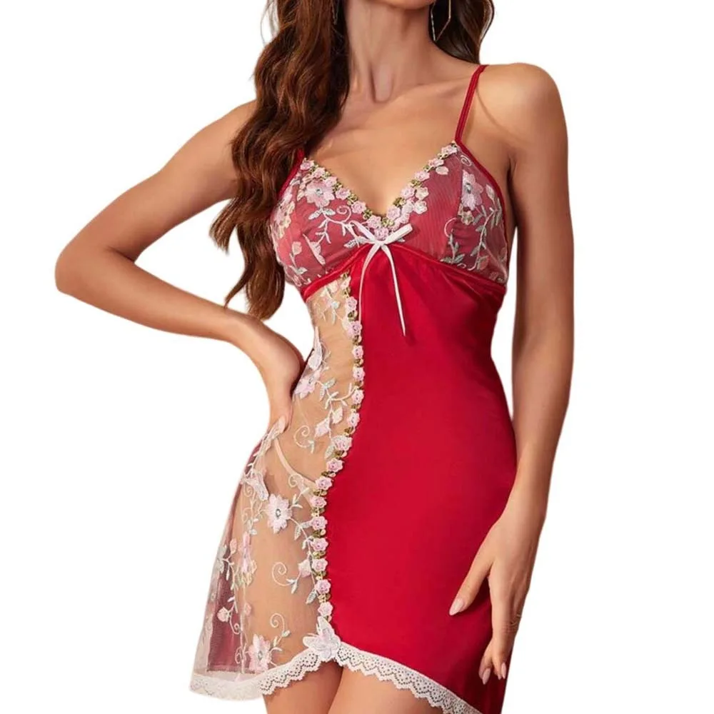 

Thin Lace Bow Women's Pajama Dress Flowers Butterfly Mesh Transparent Ice Silk Suspender Nightdress Split Embroidered