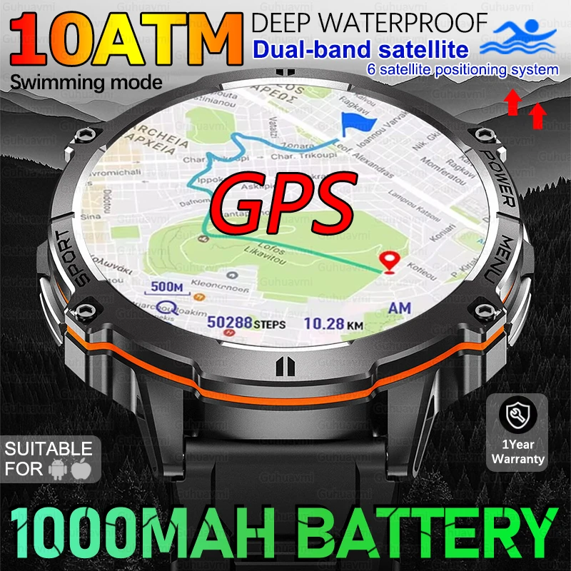 

2025 Новые мужские спортивные умные часы с GPS, 1,73 дюйма, компас AMOLED, пульс, 1000 мАч, аккумулятор, Bluetooth-вызов, 10 АТМ, водонепроницаемые умные часы