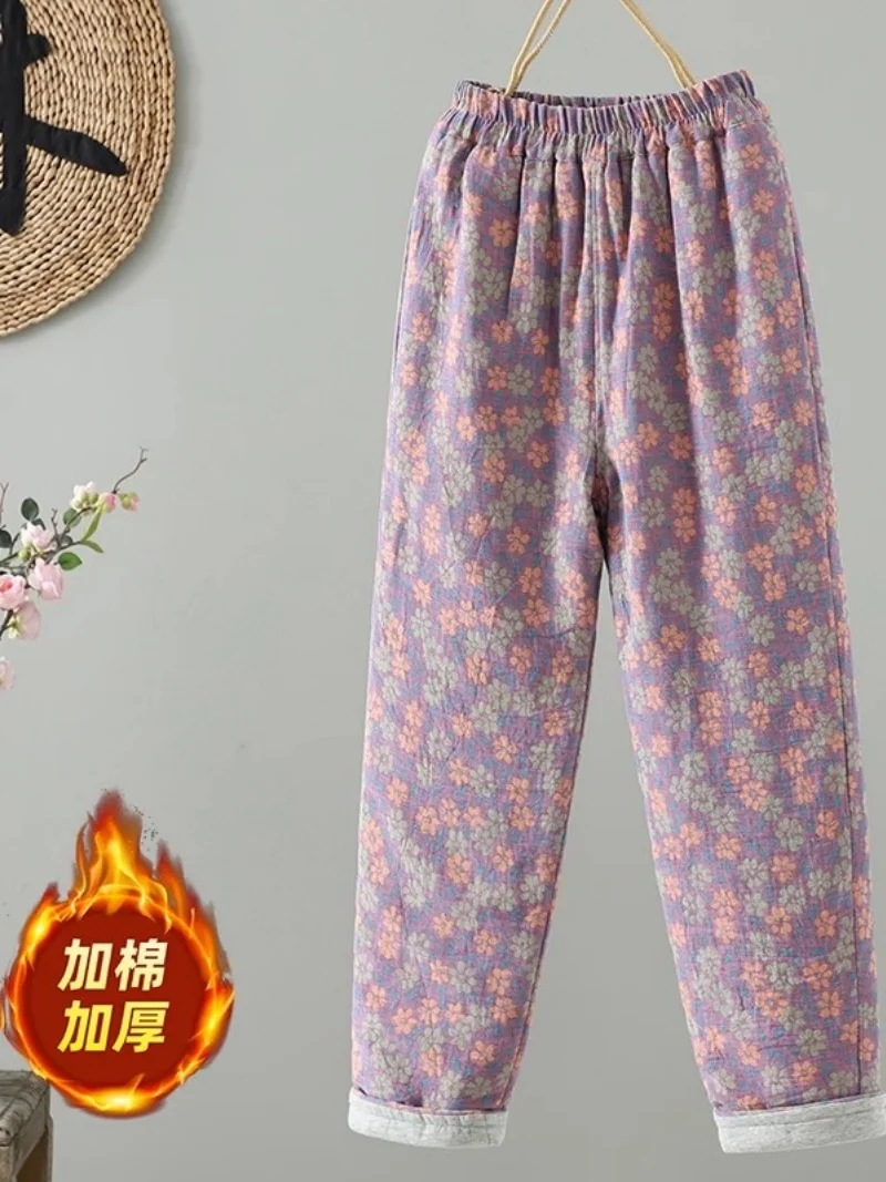 

Women's Retro Printed Cotton Pants 2025 Winter Collection Thick And Casual Design Loose Quilted Trousers For Women w1219