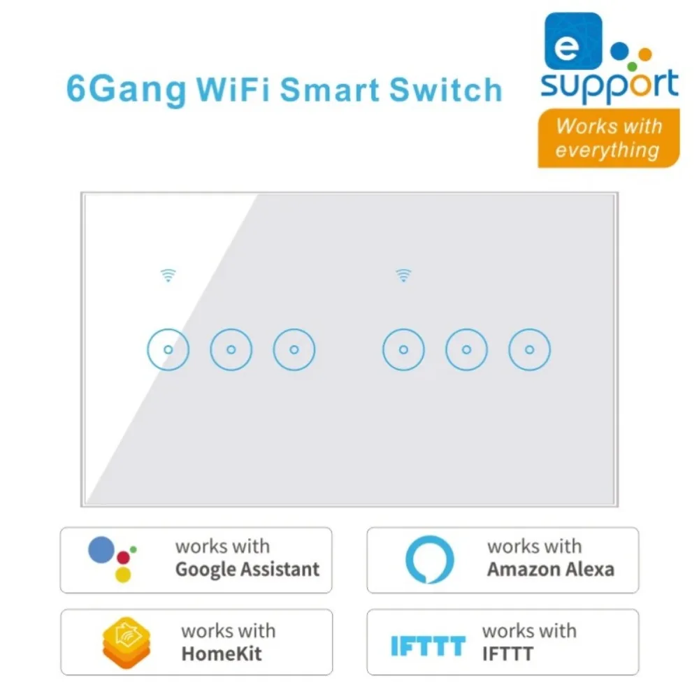 CBE 4/5/6 Gang Smart Wall Touch Switch EU Standard WiFi Switch Tuya EWelink 10A Voice Control for  Alexa, Google Home