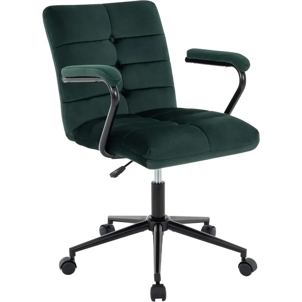 Velvet Home Office Desk Chair, Upholstered Adjustable Swivel Task Chair with Wheels, Tufted Mid-Back Computer Chair with Arms