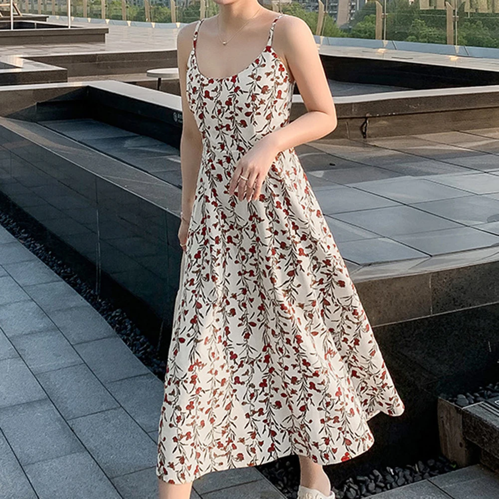 Print Summer Dress Women Beach Style Fashion Sweet Sling Robe Femme High Waist A-line Chiffon Maxi Dress Vestidos De Mujer