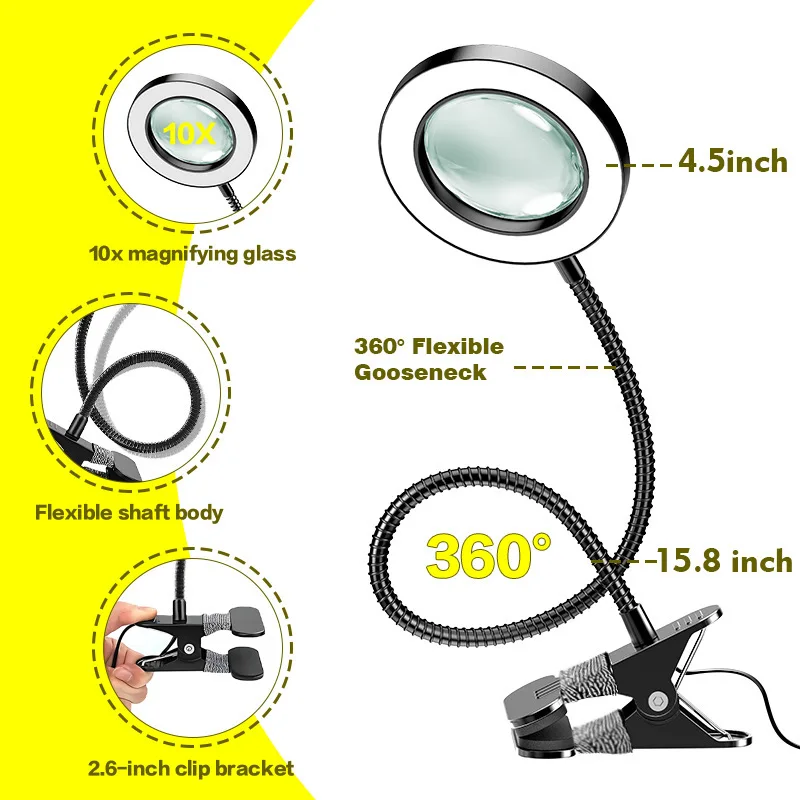 4.5 Inch Magnifying Glass Clip Light Eyebrow Manicure 5 Times Magnifying Care Filling Light Student Reading Eye Protection