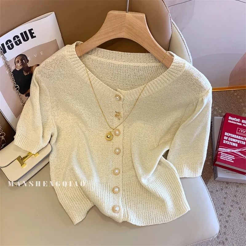 2024 Summer Elegant Knit Women's Sweater Crop Tops Short Sleeve O-neck Single-breasted Knitwear Solid Slim Fashion Ladies Jumper