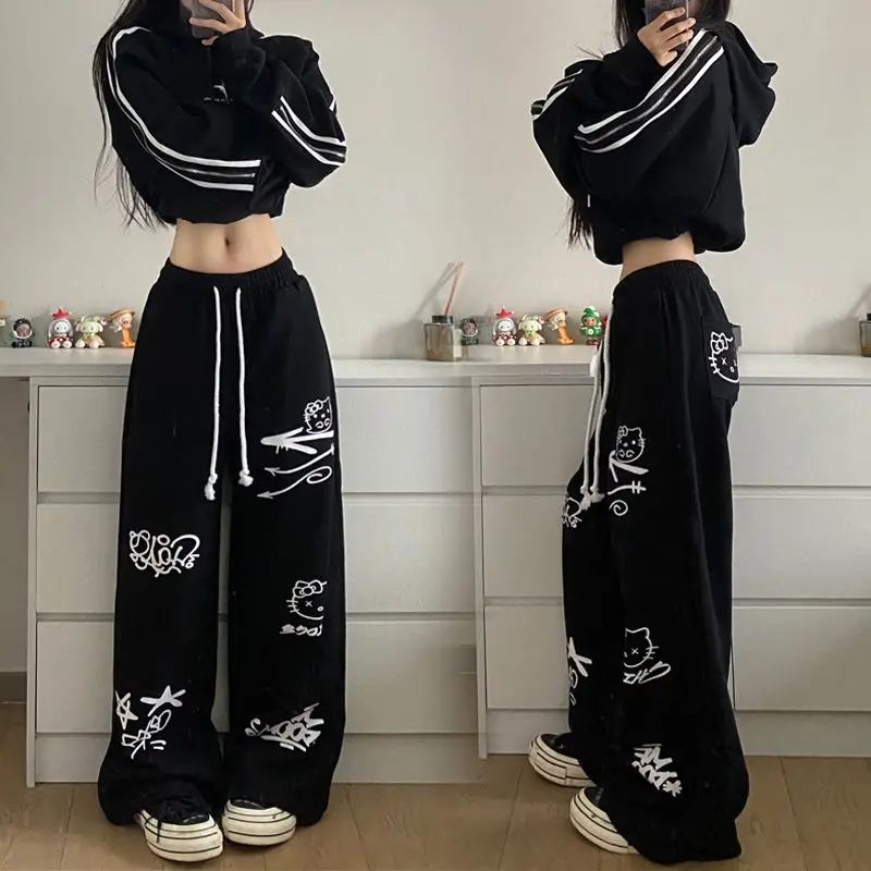 

Retro streetwear graffiti pants Hip hop baggy sweatpants versatile straight leg trousers wide leg drawstring slacks Y2K pants