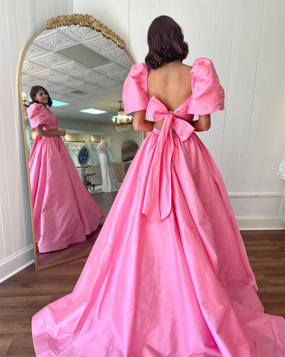 

Sansa Two Piece Set Prom Dress Cute Bow On Back Taffeta Vestidos De Noche Princess Evening Dresses Puffy Sleeve Party Dresses