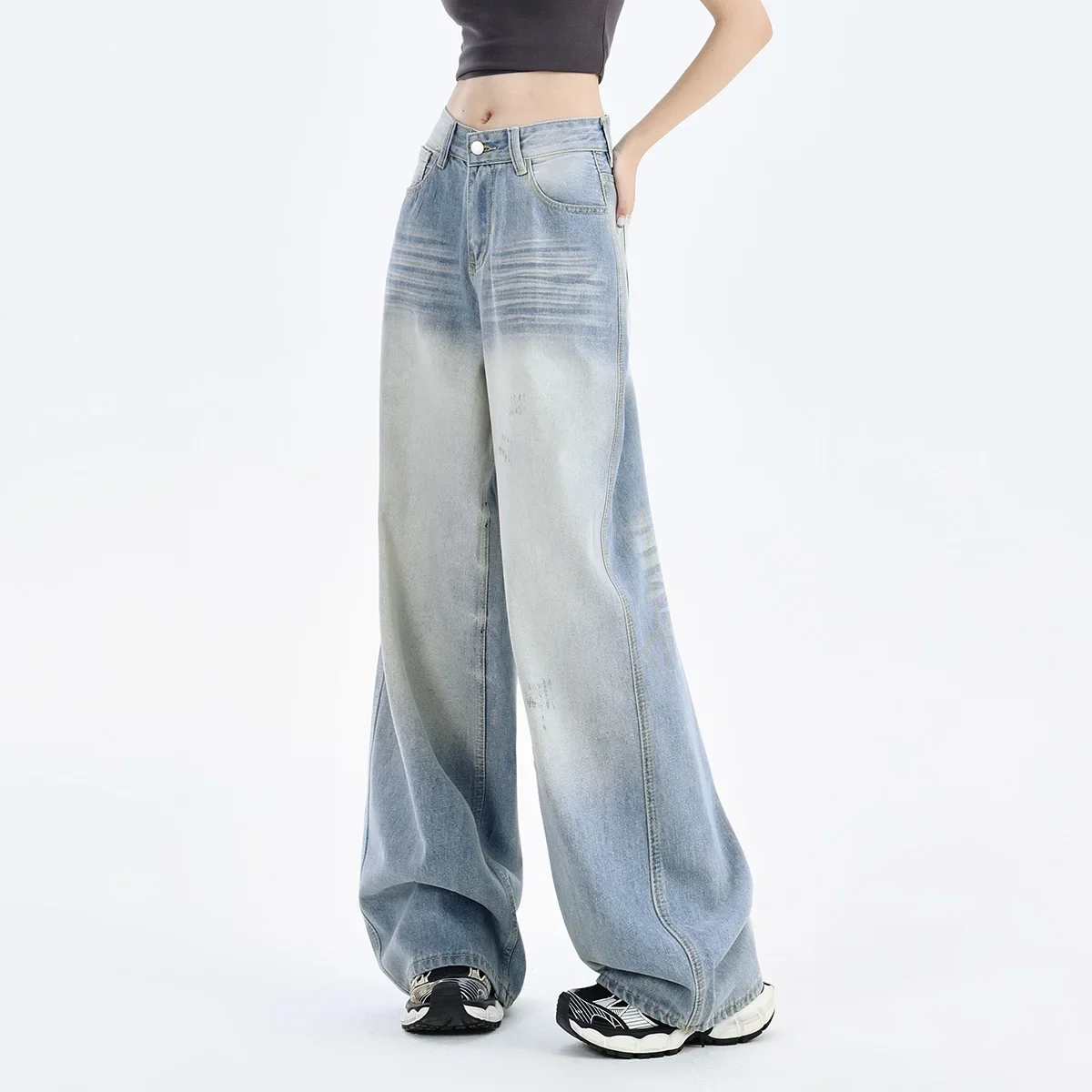 

Джинсы женские светло-голубые потертые новые прямые с высокой талией свободные эстетические брюки длиной до пола корейская модная универсальная уличная одежда