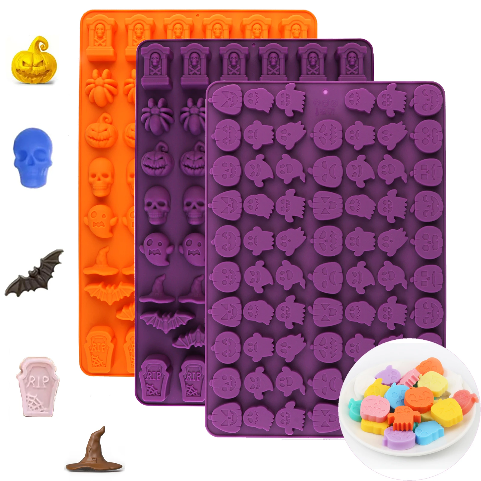 3 Arten von Halloween-Silikonformen zur Auswahl, aus lebensmittelechtem Silikonmaterial, antihaftbeschichtet und leicht zu entformen, hochtemperaturbeständig, geeignet für Schokolade, Süßigkeiten, Kuchendekoration und DIY-Backwerkzeuge. – Detail 1