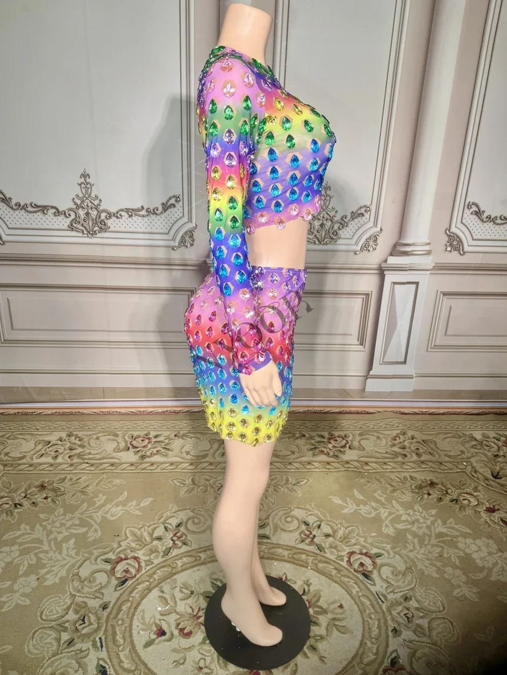 Sexy Evening Birthday Celebrate Performance Dance Costume Sparkly Colorful Rhinestones Long Sleeve Crop Top Skirt