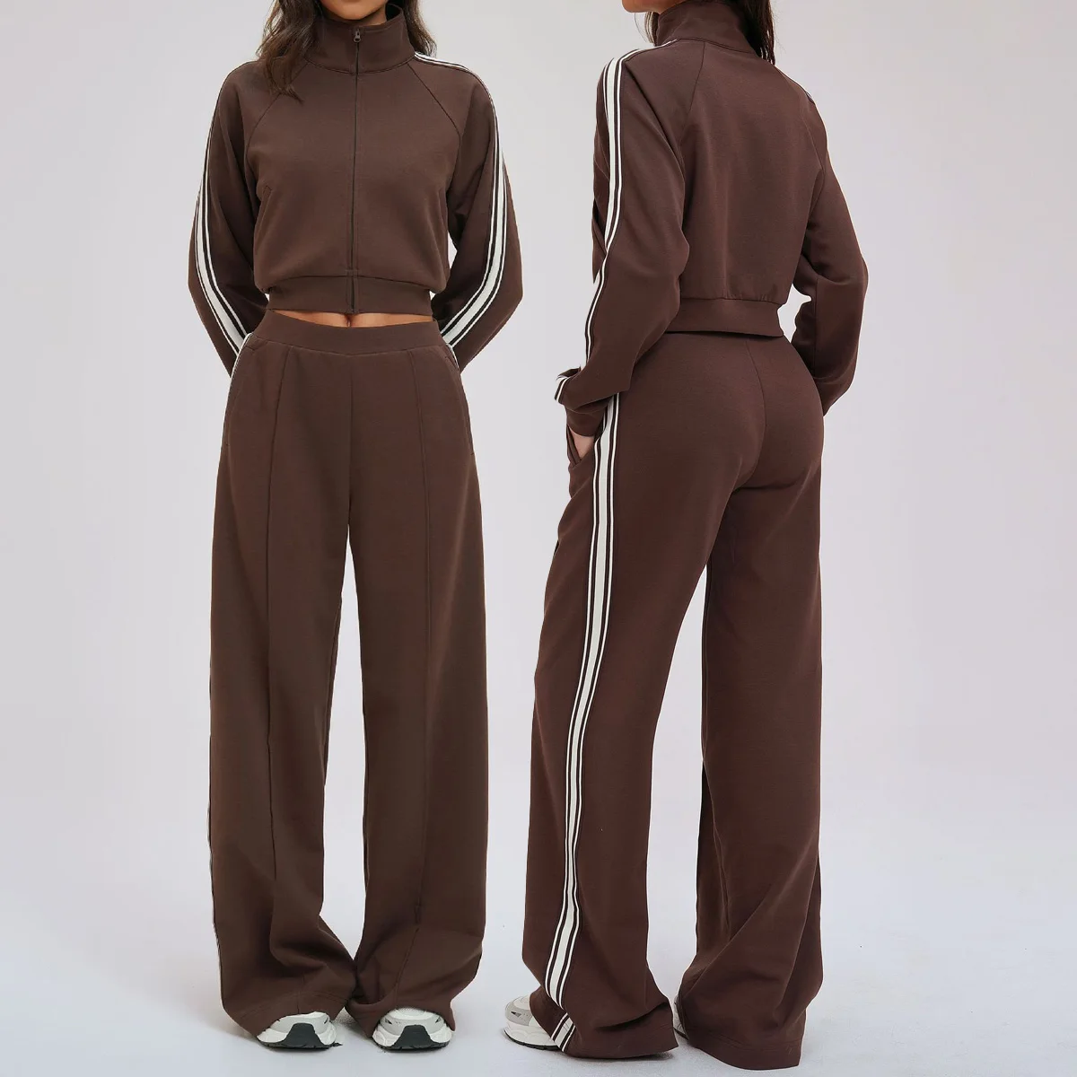 New Women 2PCS Yoga Suit Sports Set Long Sleeve Striped Sweatshirt+Straight Pants Hoodie suit loose casual outdoor Gym Tracksuit