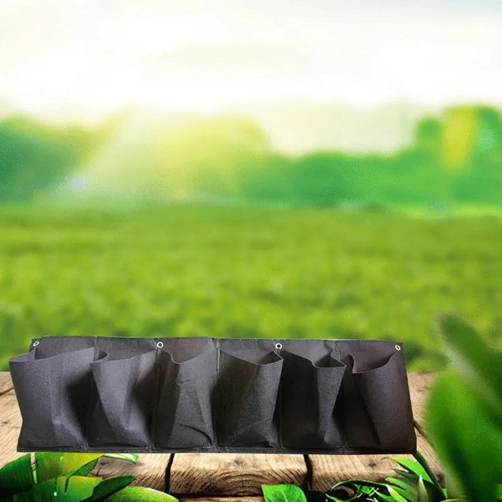Breathable Felt Vertical Grow Pouch with 6 Pockets Designed for Hanging Gardens on Walls Fences Balconies and Patio Railings