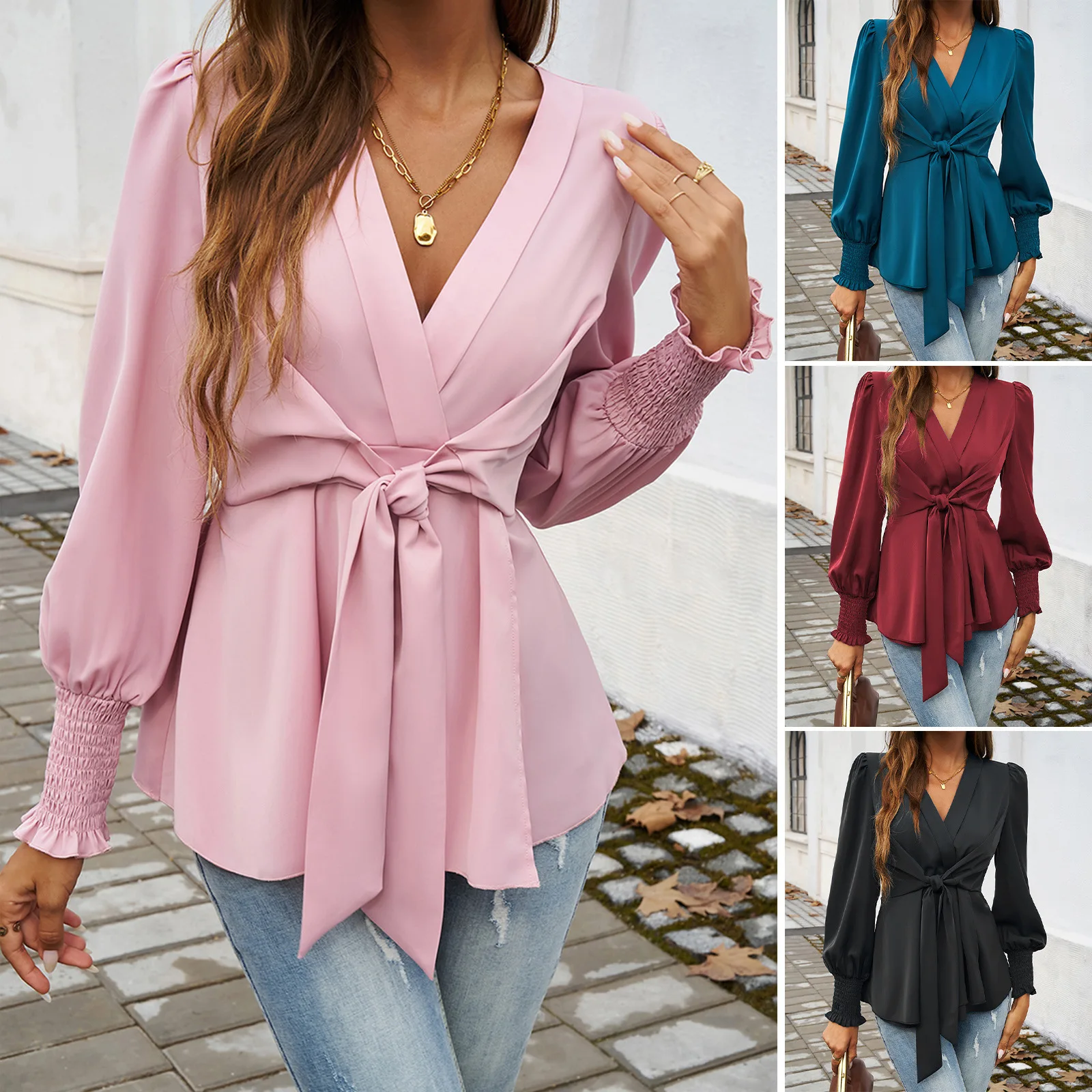 

Foreign Trade Tops Women's Clothing Amazon Autumn And Winter Temperament Casual V-neck Solid Color Long-sleeved Shirt