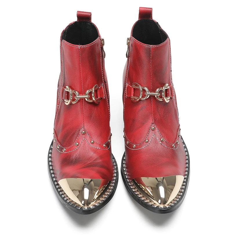 Designer Metall Karree Cowboy Motorrad Kurze Stiefel Männlich Große Größe Nieten Echtes Leder Stiefeletten Business Formale Schuhe – Detail 12