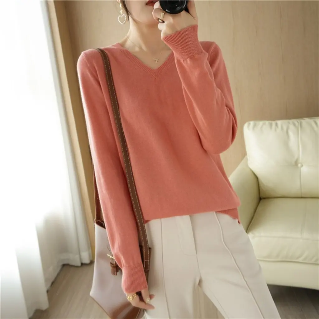 

Women's Cotton Pullover Sweater V-Neck Basic Long Sleeve Knitted Loose Slim Fit Autumn Winter New Style Bottoming Top