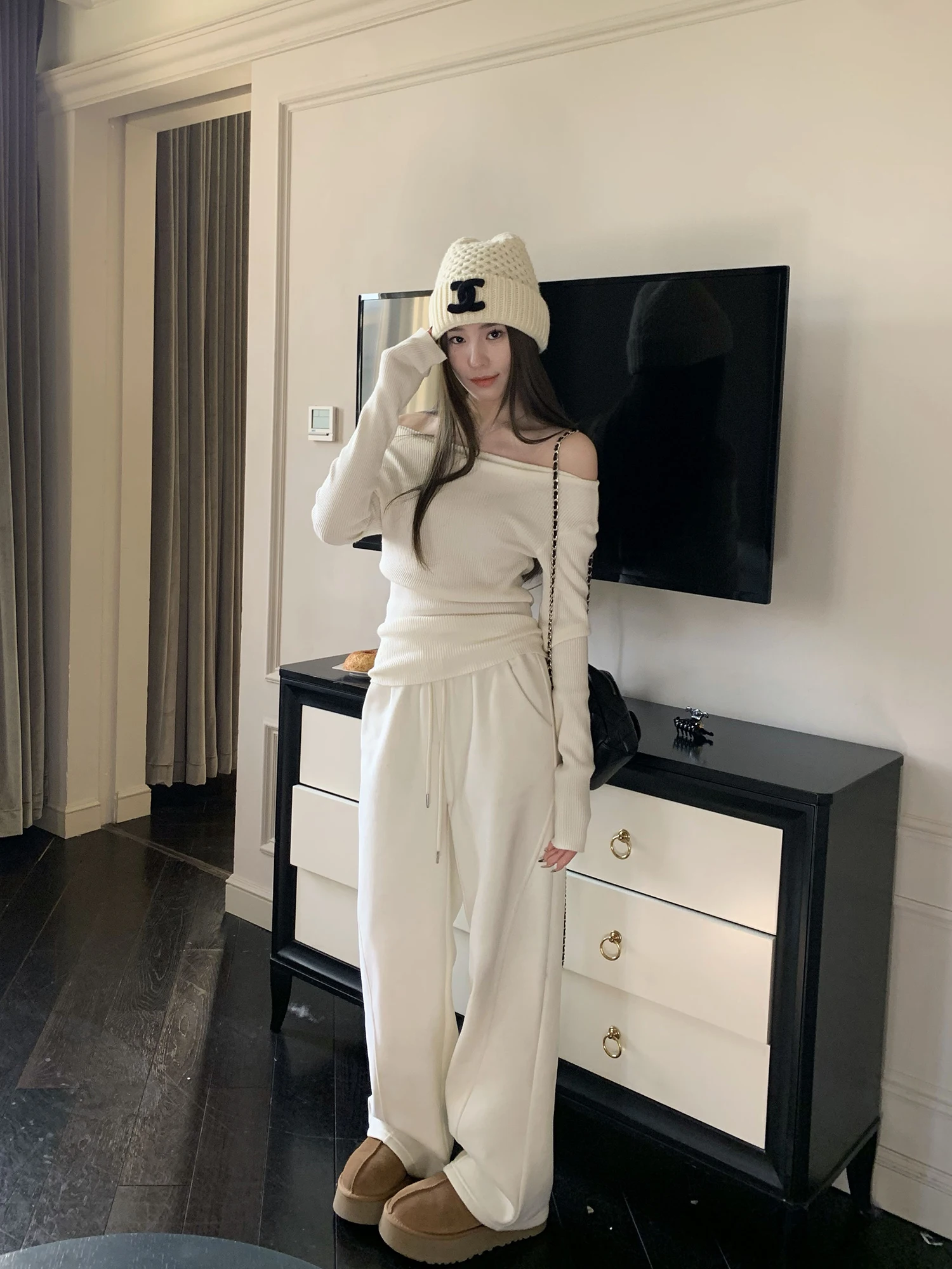 

Женские брюки Hhi Wed Walk с высокой талией, прямые, на флисовой подкладке, осенне-зимние, мягкие, повседневные, широкие штанины