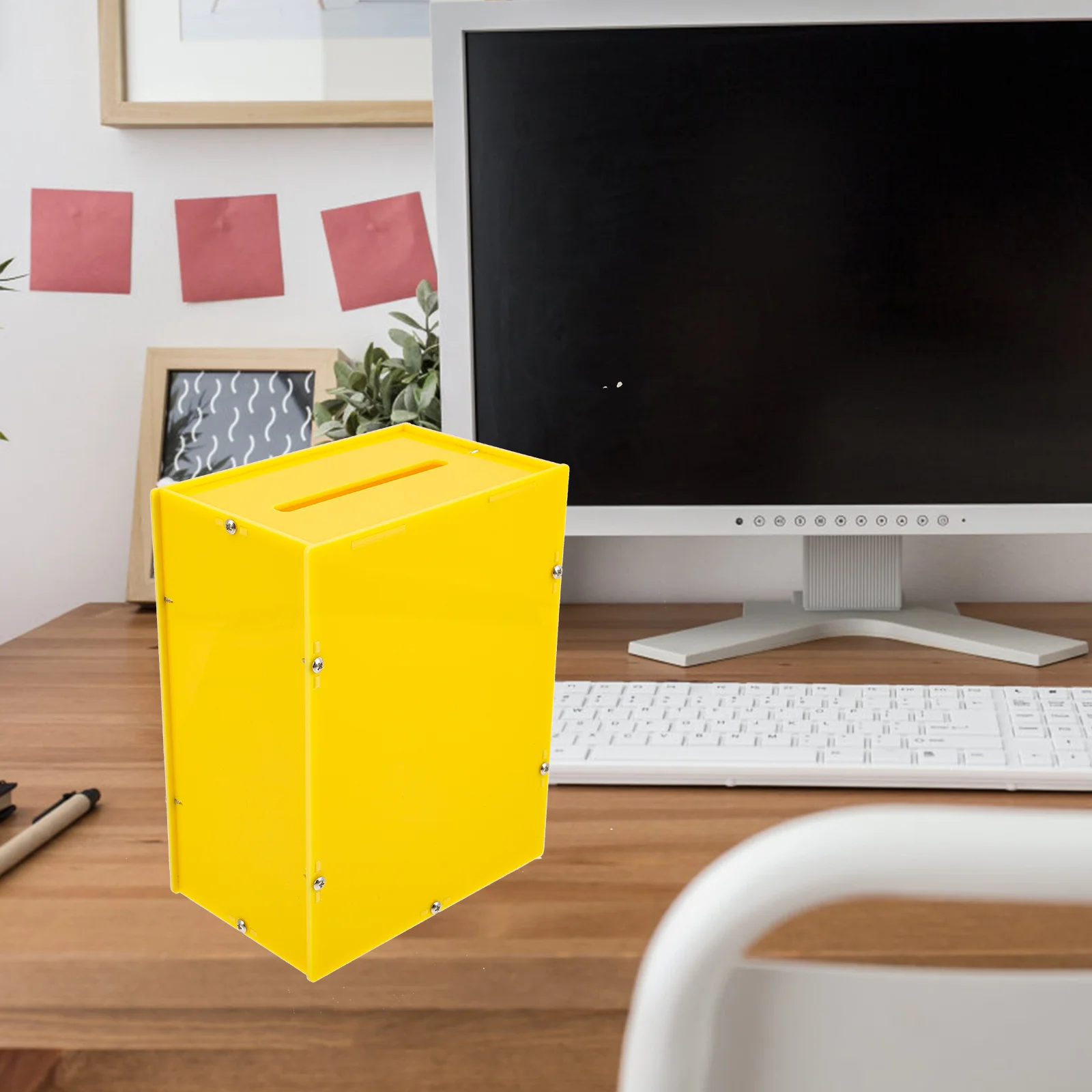 Acrylic Voting Ballot Box Small Yellow Office Use Donation Suggestion Lockable Boxes Slot for Tickets Cash Envelopes Fundraising