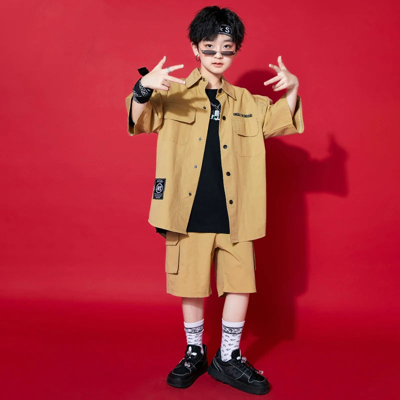 Kids Hip Hop Street Dance Costume Girls Jazz Dance Clothes Khaki Tops Pants Short Sleeved Suit Concert Performance Outfit BL8611