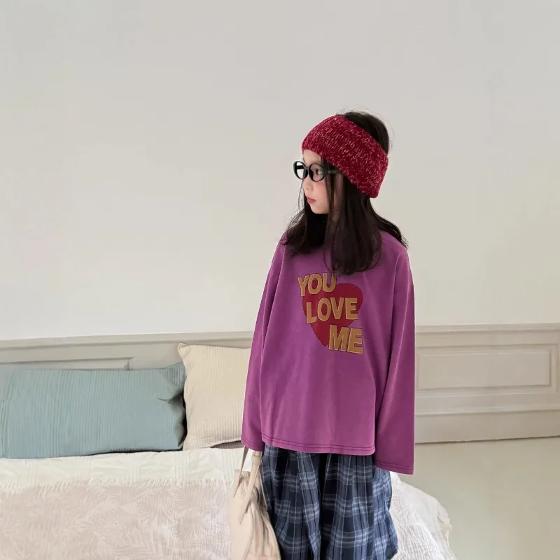 

Children's Hoodie 2025 Autumn Girls' Korean Version Long Sleeved Letter Inner with Children's Round Neck Casual Loose Top