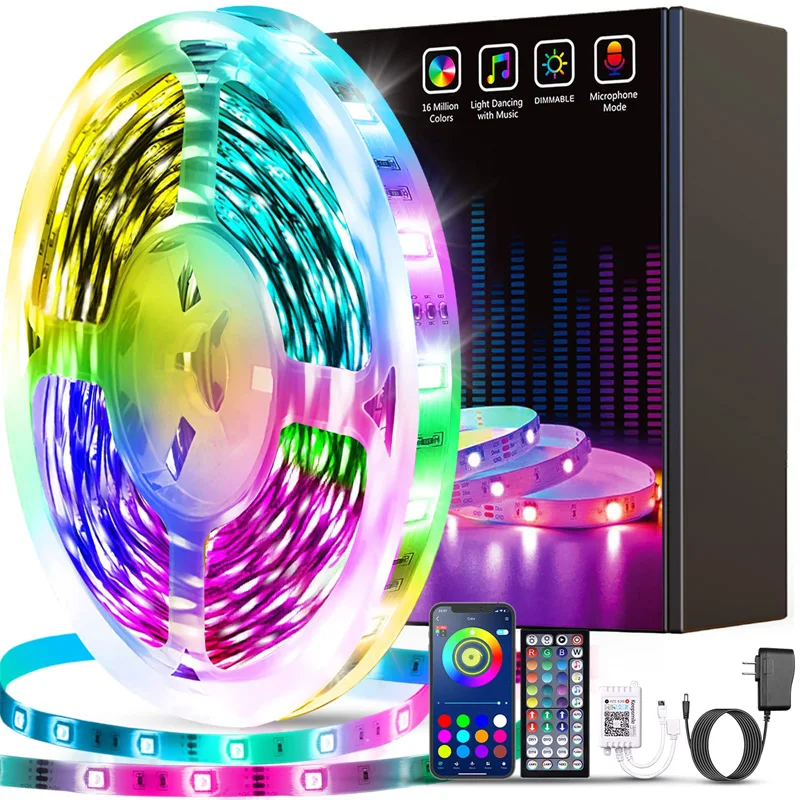 (EU Plug) LED Strip Light RGB 5050 Music Sync Color Changing Sensitive Built-in Mic, App Control Lights DC 24V With 44Keys