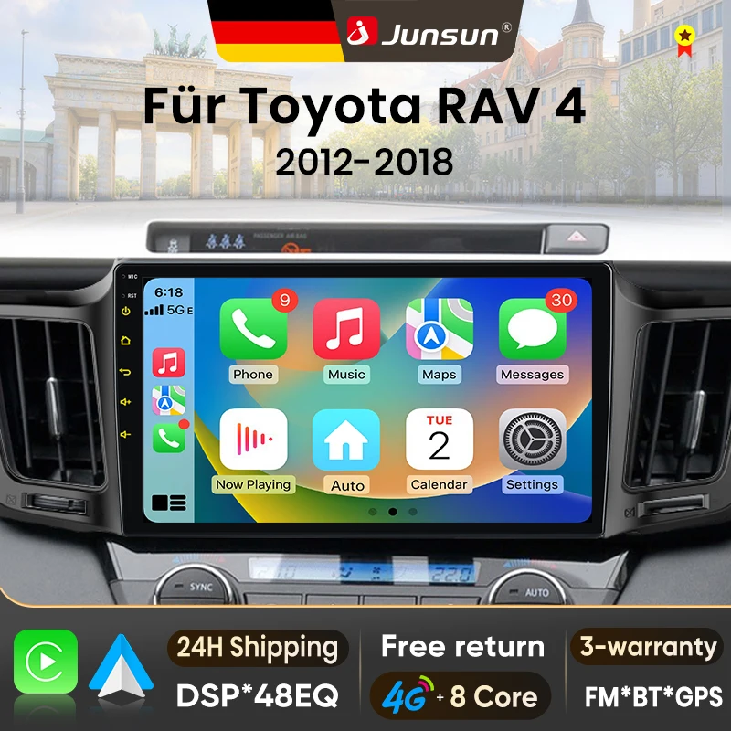 Autoradio Android 15 Junsun 9 pouces pour Toyota RAV4 2012-2018, sans fil, compatible Apple CarPlay, écran tactile IPS, lecteur multimédia vidéo, système intelligent automobile, autoradio 2 Din, GPS, navigation, BT, 4G, WIFI, 8 cœurs, FM, AM, DSP, RDS, SWC, DAB+