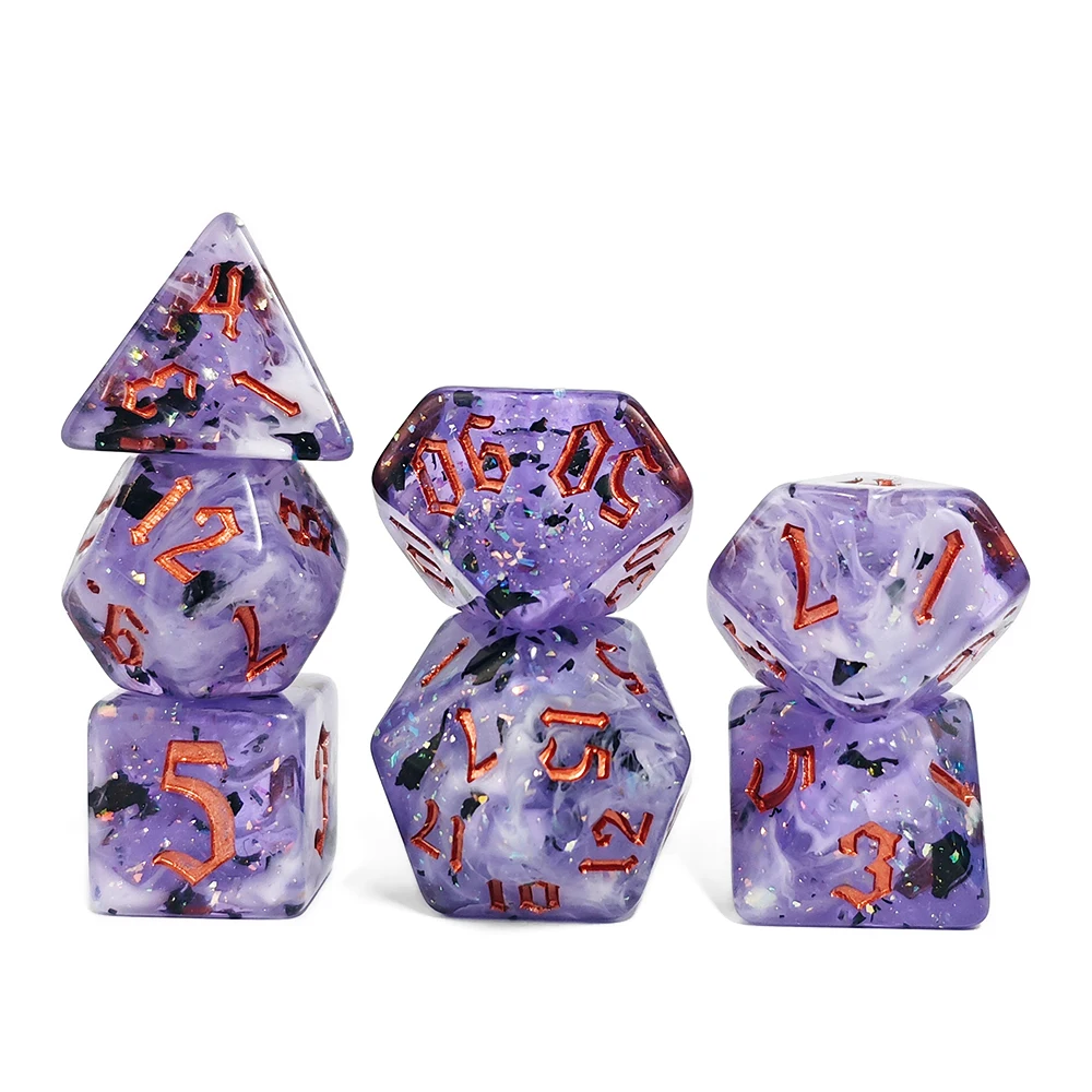 Glittery Purple Swirl with Obsidian Flakes Resin Dice Set Board Games DND RPG MTG Role-playing Dice Set 7Pcs/set Digital Dice view 2
