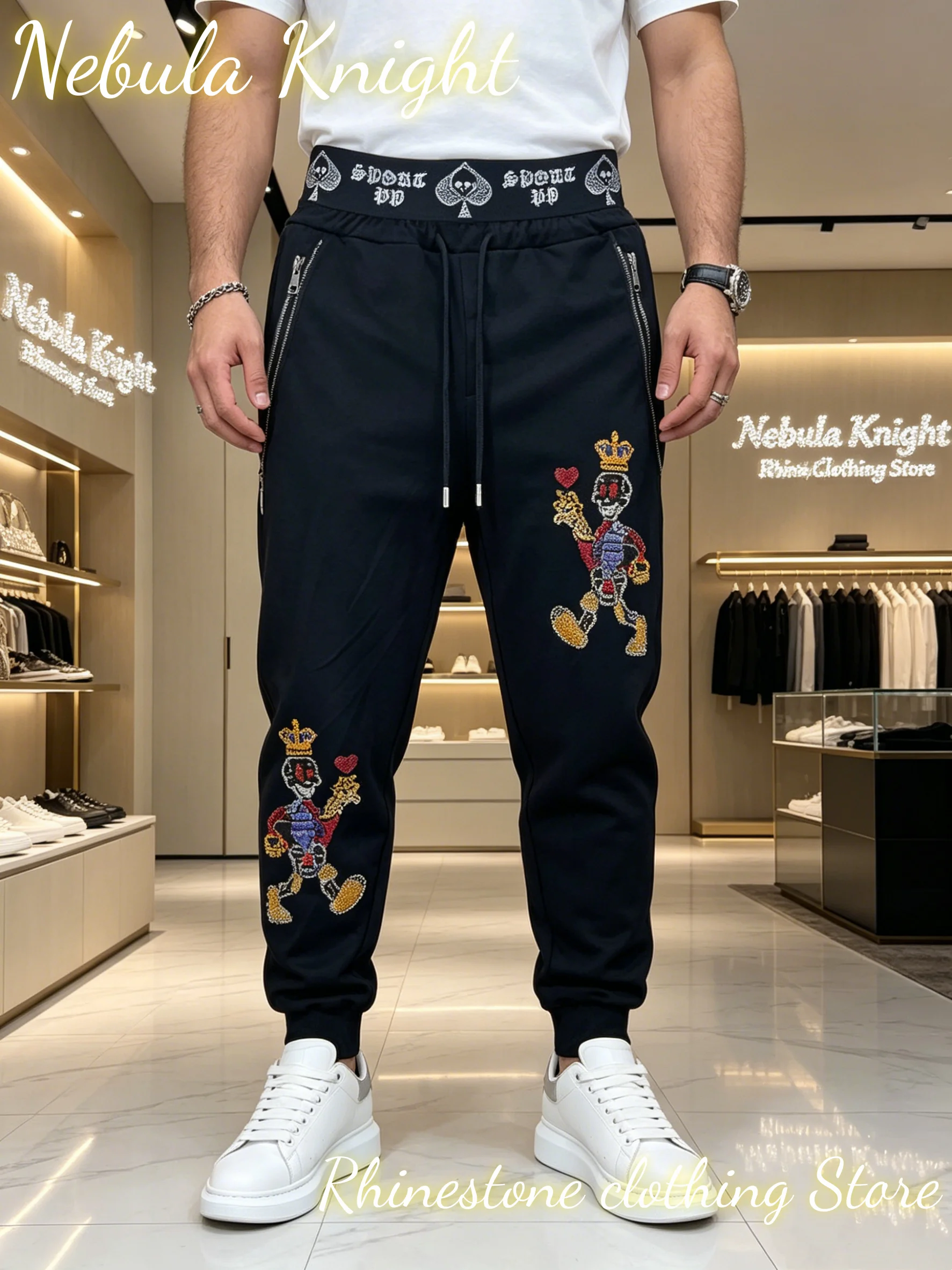 New Luxury Rhinestone Men Elastic High Waist Sweatpants Zipper Pocket Casual Trousers Fashion Streetwear Summer Daily Wear