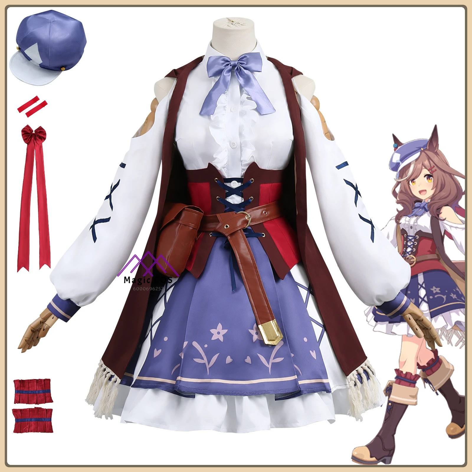 

Uma Musume Machikane Tanhoizer Role Playing Costume (Female) Dynamic Stripe Suit + Blonde Wig + Metal Buckle Belt Cosplay Outfit