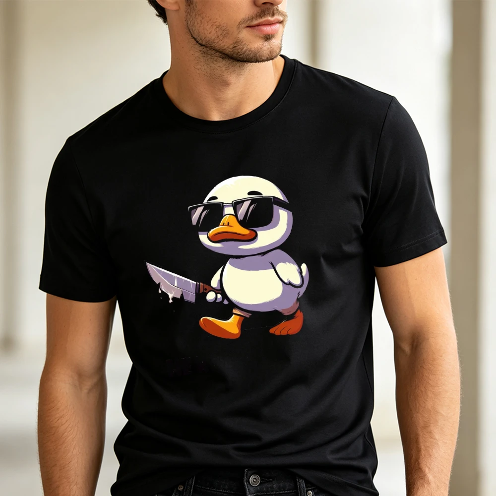 Aggressive Duck Holding Knife T Shirt Men Funny Dark Meme Cartoon Animal Print Tee Black Edgy Streetwear Top