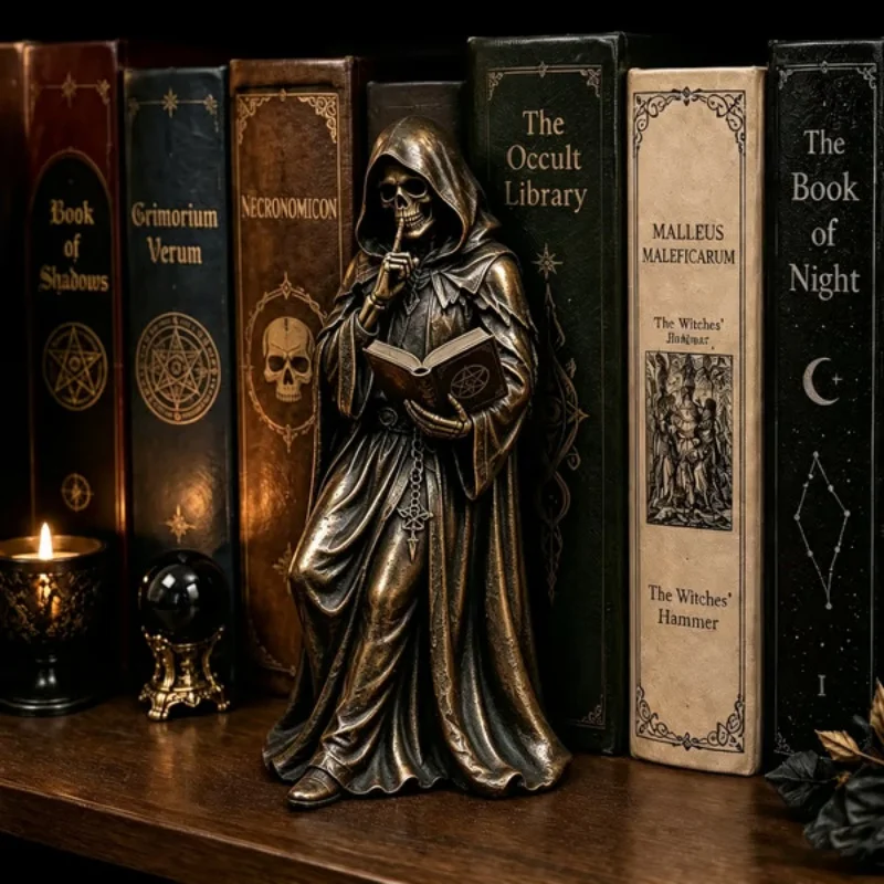 Gothic Resin Death Reading Statue 12/15cm Dark Grim Reaper Figurine Bookshelf Tabletop Decor Halloween Spooky Ornament Gift