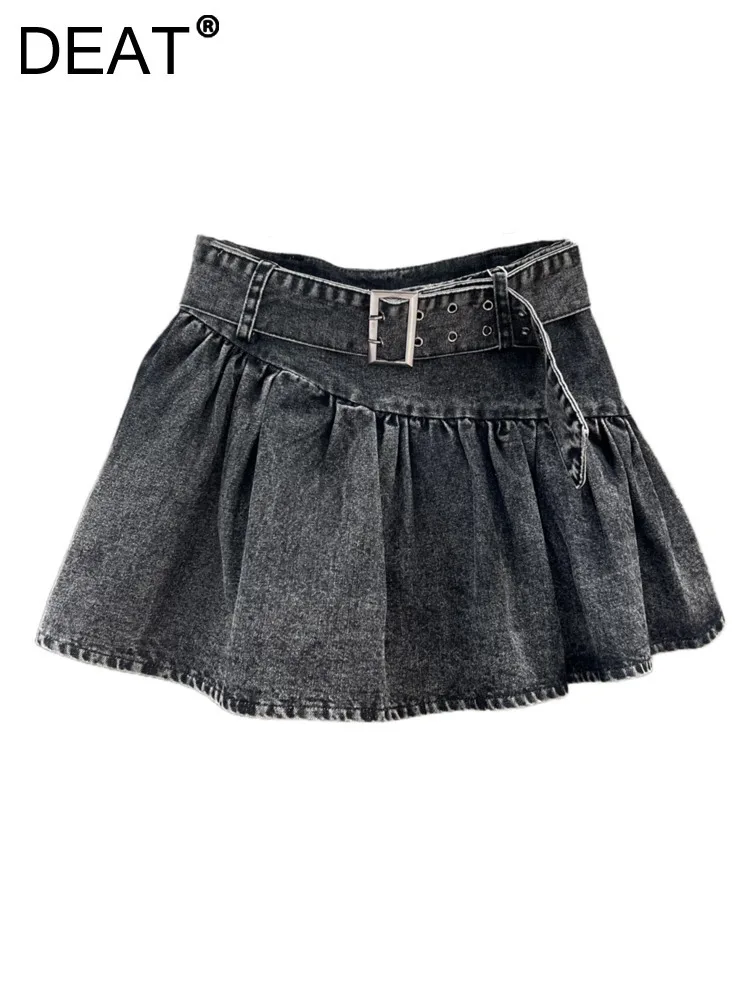 DEAT Women Denim Skirt High Waist Wide Belt Dark Grey Irregular Patchwork Short Ball Gown Skirts 2024 Autumn New Fashion 29L7762