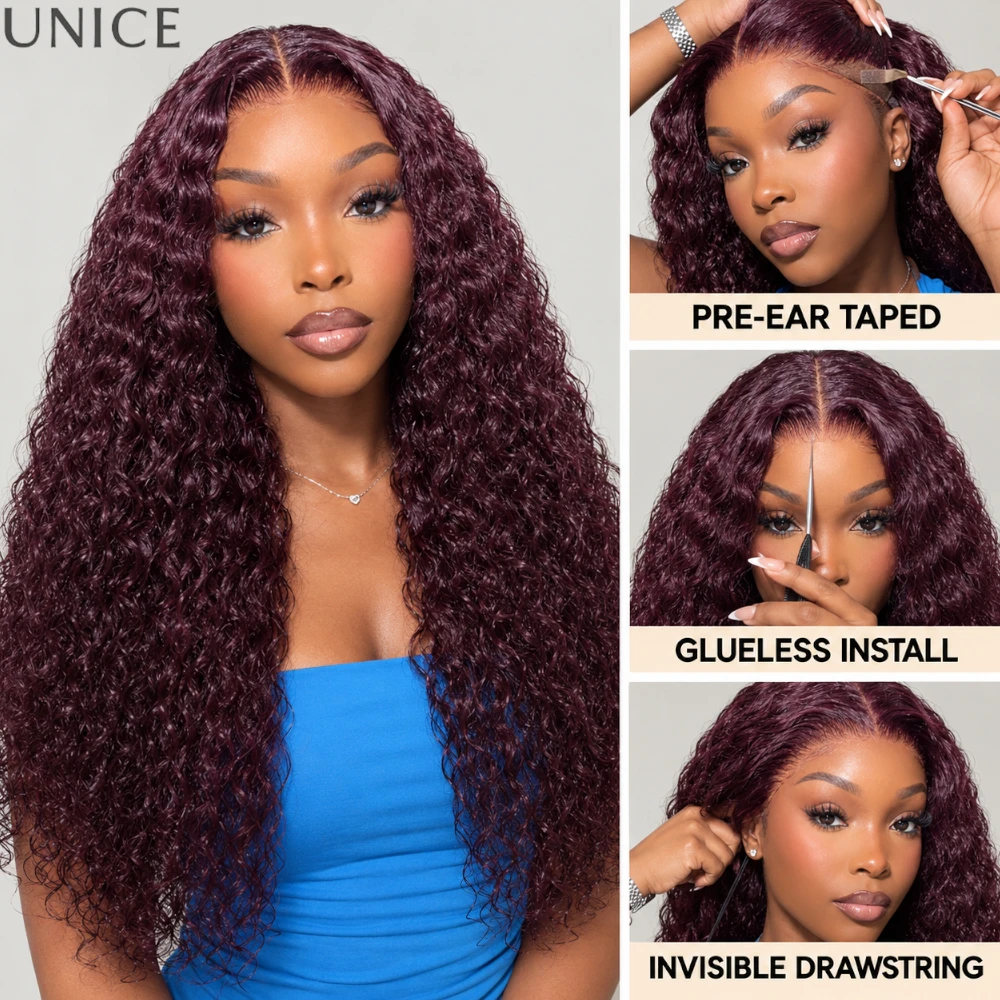 UNice 7x5 & 13x4 Lace Black Cherry Water Wave Wig With Drawstring 100% Human Hair Glueless Wig Ready To Wear