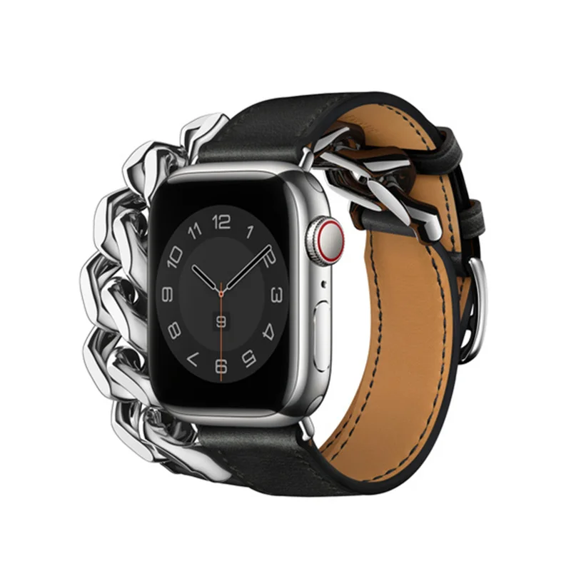 Genuine Leather Strap For Apple Watch Ultra 2 49mm Metal Double Tour Bracelet For iWatch 10 9 8 46mm 45mm 41mm 42mm 40 44mm Band