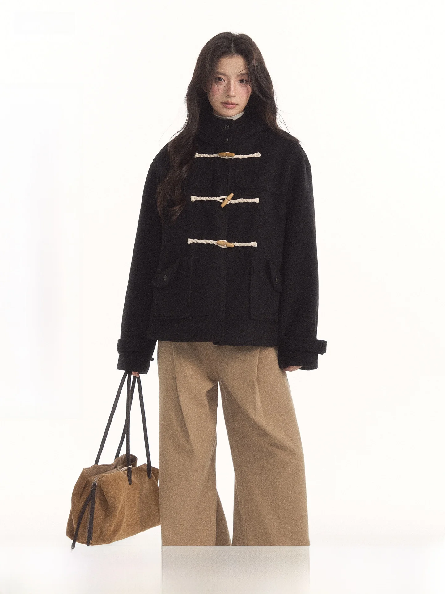 7Shiftin Original Design Retro Academic Style Woolen Coat Stand Collar Matte Woven Button Outerwear Women's Long Sleeve Jacket