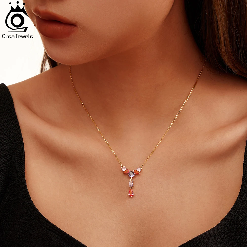 ORSA JEWELS 925 Sterling Silver Y-Shaped 4A Cubic Zirconia Pendant Necklace for Women Handmade Necklace Party Jewelry Gift EQN74