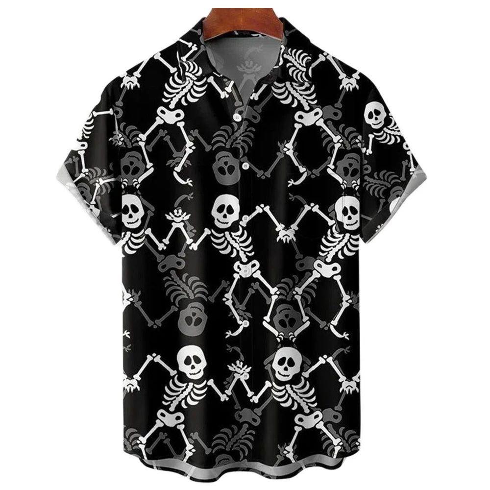 Esqueleto Camisas Havaianas Homem Trajes Festivos Rua Hip Hop Moda Manga Curta 2023 Camisas De Halloween Para Homens