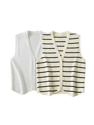 Ladies Fashion Vintage Front Button Striped Knit Women Sweater Vest V Neck Sleeveless Waistcoat Chic Cardigan Vest Tops Female