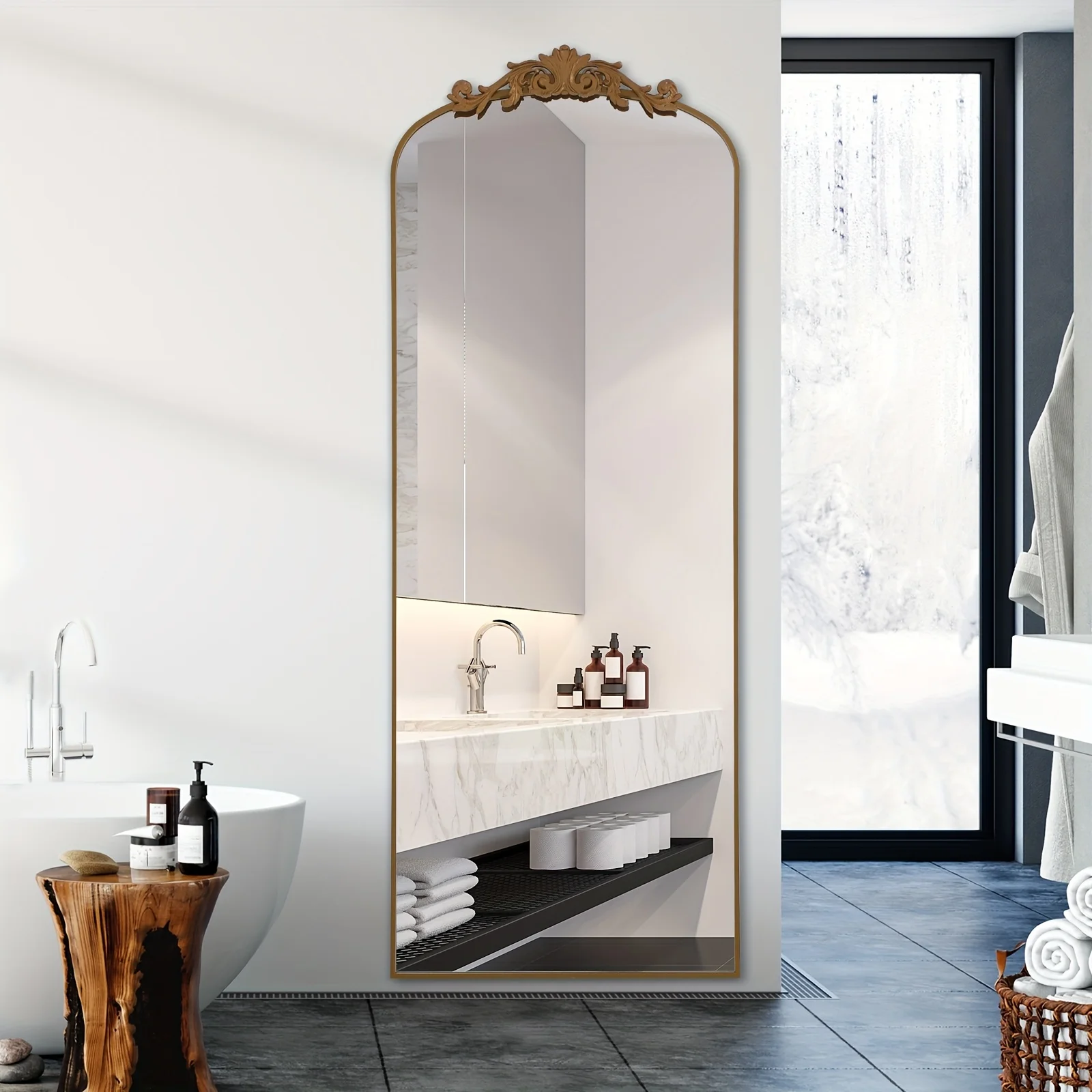 

Tall Arched Floor Mirror with a Large vintage Golden End, Featuring an Ornate Design, Perfect for Decorating Bathrooms,Entryways