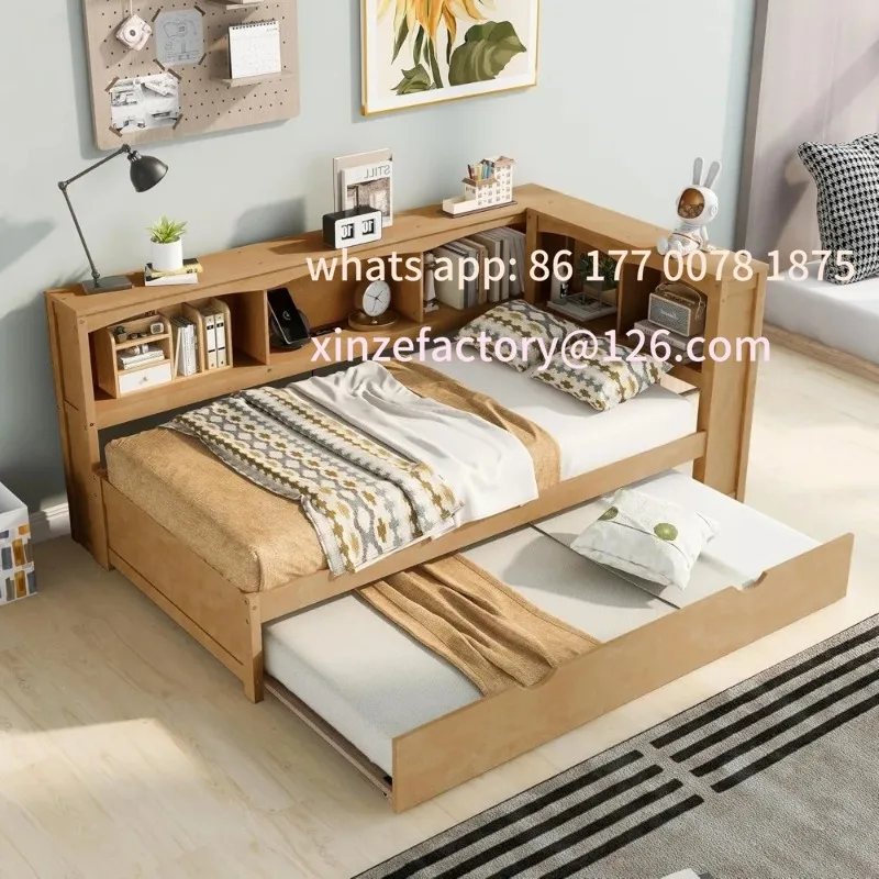 سرير بمنصة مزدوجة خشبية قابلة للتخصيص مع لوح أمامي وسرير نهاري بحجم مزدوج مع دولاب وخزائن كتب للتخزين ومنافذ USB